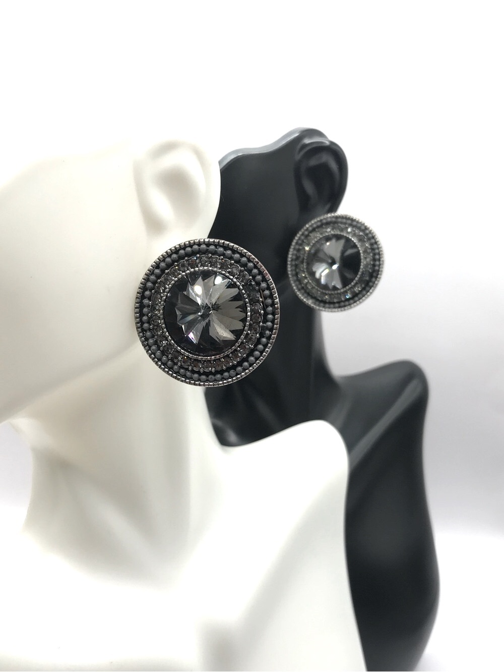 Gunmetal Round Rivoli Gem Button Earrings